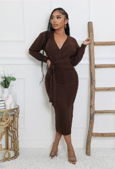 Monica Brown Wrap Sweater Dress