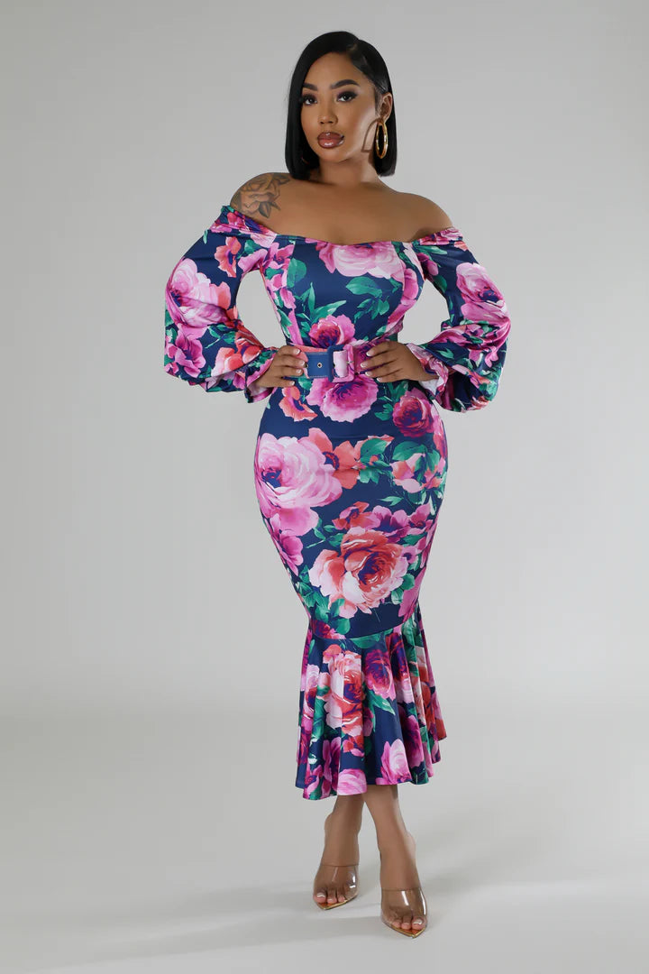 Flowers En Bloom Long Sleeve Midi Dress
