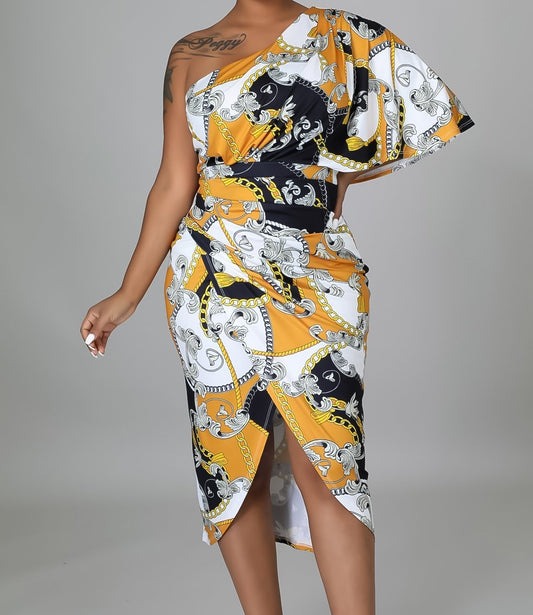 Golden Goddess One Shoulder Dress