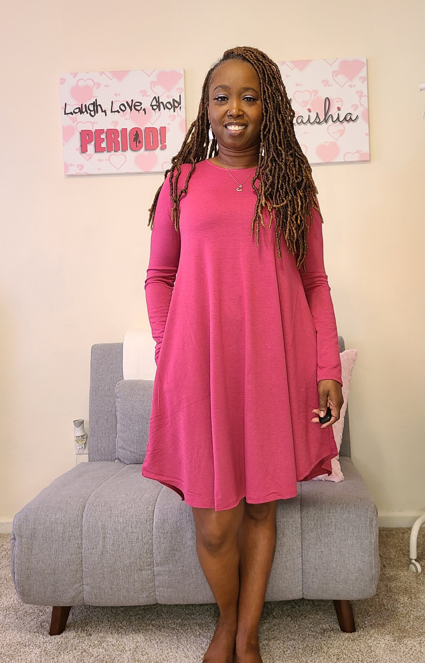 Cassie Round Neck Long Sleeve Dress - Magenta